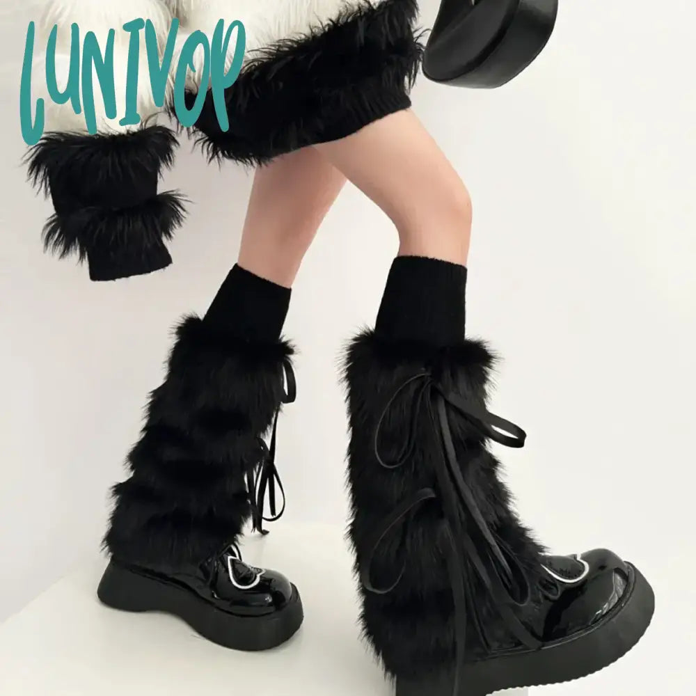 Lunivop Kawaii Bow Knot Leg Warmers Thickened Imitation Rabbit Fur Women Leggings Boots Cover