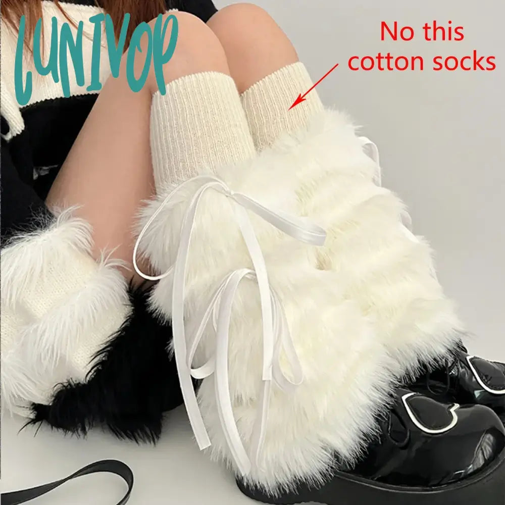 Lunivop Kawaii Bow Knot Leg Warmers Thickened Imitation Rabbit Fur Women Leggings Boots Cover