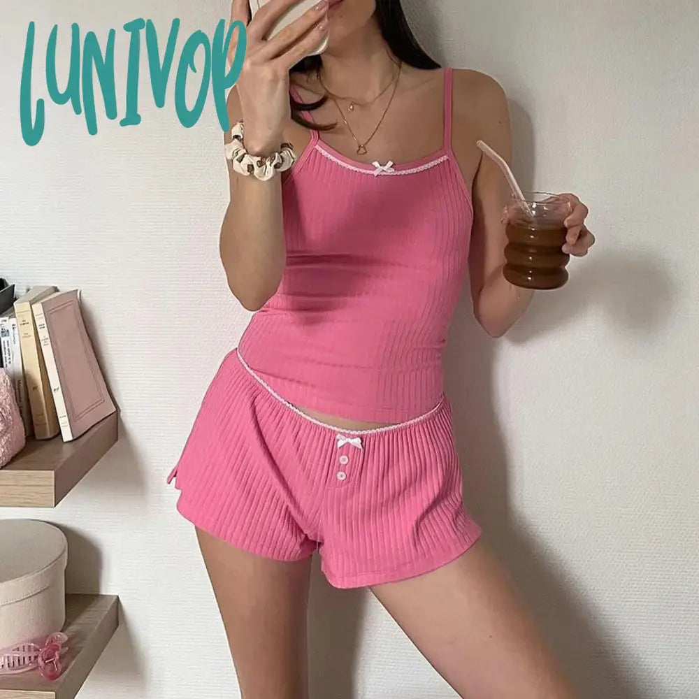 Lunivop Kawaii Cottage Lounge Pajamas Women Y2K 2 Piece Lace Shorts Set Sleeveless V Neck Cami Top