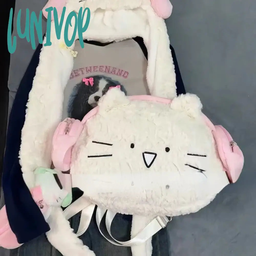 Lunivop Kawaii Cute Backpack For Women White Pink Cat Head Shape Fashion Crossbody Bag New Soft