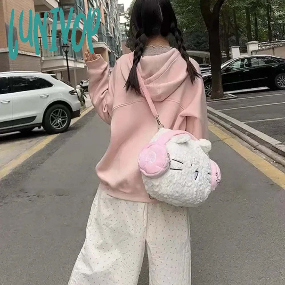 Lunivop Kawaii Cute Backpack For Women White Pink Cat Head Shape Fashion Crossbody Bag New Soft