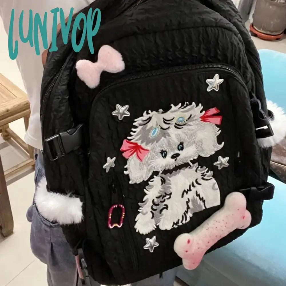 Lunivop Kawaii Dog Print Womens Backpack Bow Tie Y2K Spice Girls Designer Bag Black Casual College