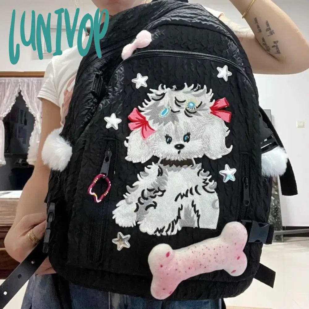 Lunivop Kawaii Dog Print Womens Backpack Bow Tie Y2K Spice Girls Designer Bag Black Casual College