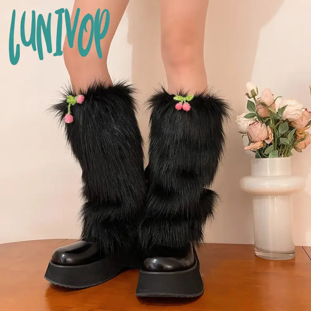 Lunivop Kawaii Fur Faux Leg Warmers Cherry Lolita Japanese Women Leggings Boots Covers Y2K Girls