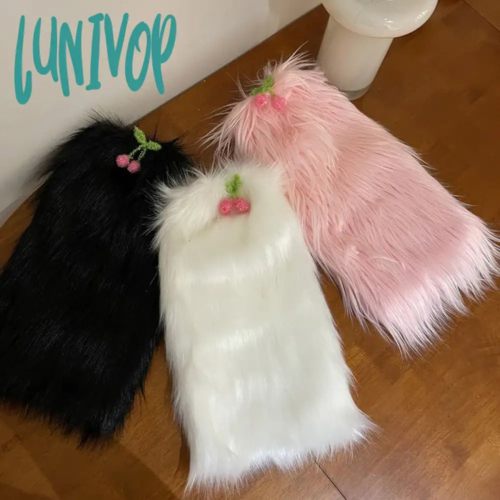 Lunivop Kawaii Fur Faux Leg Warmers Cherry Lolita Japanese Women Leggings Boots Covers Y2K Girls