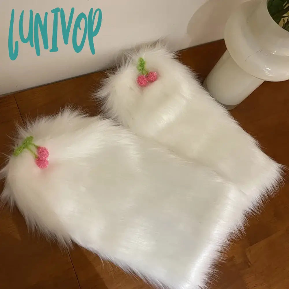 Lunivop Kawaii Fur Faux Leg Warmers Cherry Lolita Japanese Women Leggings Boots Covers Y2K Girls