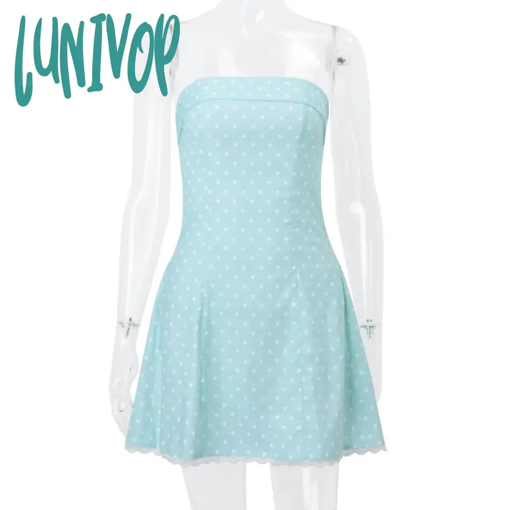 Lunivop Kawaii Girl Y2K Aesthetic Strapless Dress Dot Print Off Shoulder Lace Trim A-Line Dresses