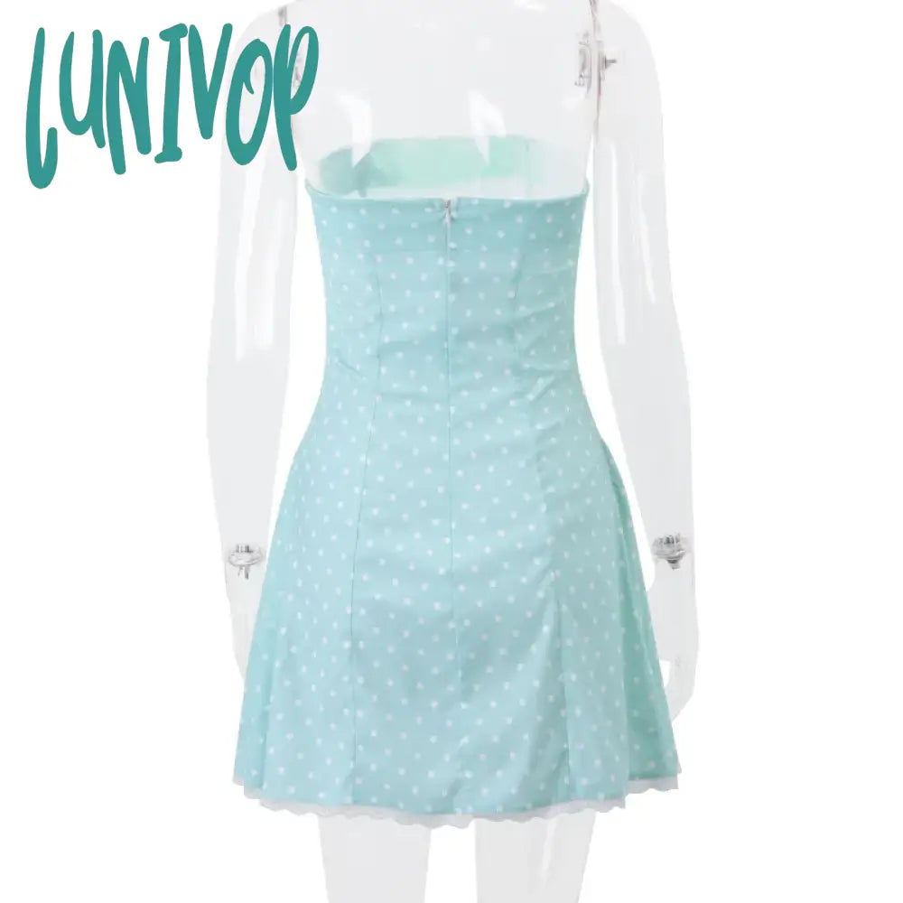 Lunivop Kawaii Girl Y2K Aesthetic Strapless Dress Dot Print Off Shoulder Lace Trim A-Line Dresses