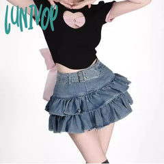 Lunivop Kawaii Jean Skirt Shorts Women Korean Fashion High Waist A-Line Belt Patchwork Cute Ruffles