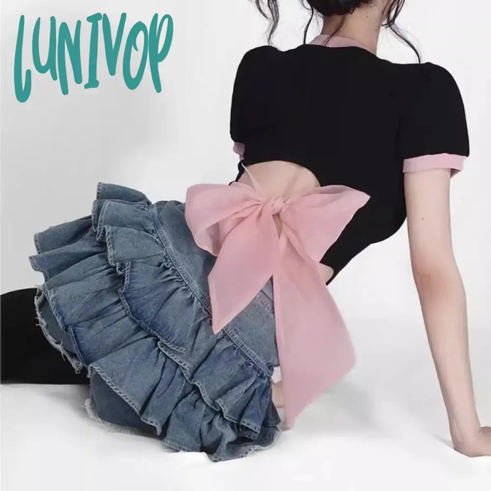 Lunivop Kawaii Jean Skirt Shorts Women Korean Fashion High Waist A-Line Belt Patchwork Cute Ruffles