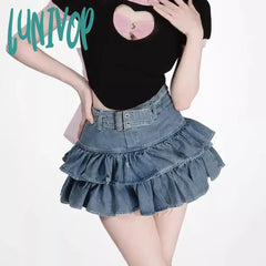 Lunivop Kawaii Jean Skirt Shorts Women Korean Fashion High Waist A-Line Belt Patchwork Cute Ruffles