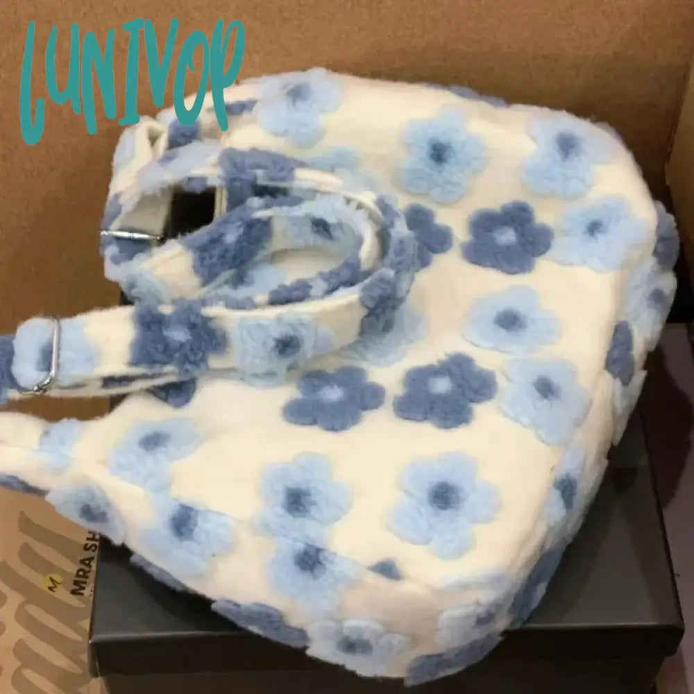 Lunivop Kawaii Large Capacity Plush Crossbody Bag Blue Flowers Soft Fashion Shoulder Casual