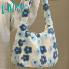 Lunivop Kawaii Large Capacity Plush Crossbody Bag Blue Flowers Soft Fashion Shoulder Casual