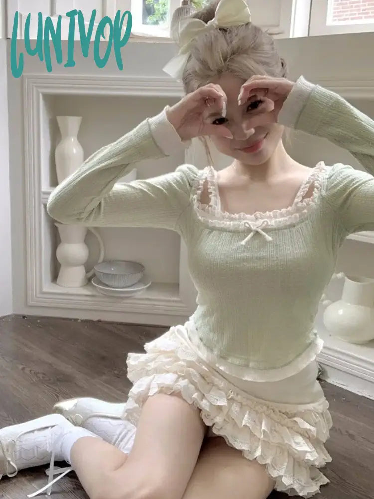 Lunivop Kawaii Sweet Knitted Two Piece Set Women Lace Retro Vintage Mini Skirt Femael Slim Bow
