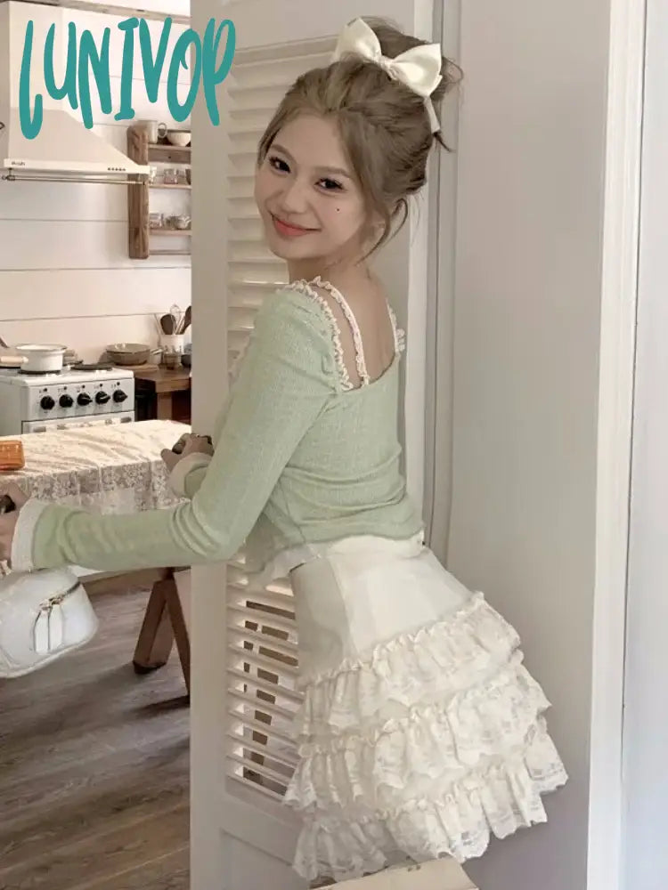 Lunivop Kawaii Sweet Knitted Two Piece Set Women Lace Retro Vintage Mini Skirt Femael Slim Bow