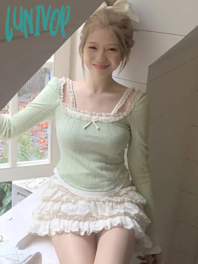 Lunivop Kawaii Sweet Knitted Two Piece Set Women Lace Retro Vintage Mini Skirt Femael Slim Bow