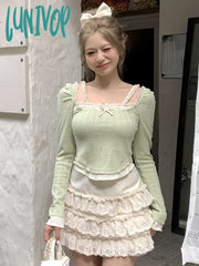 Lunivop Kawaii Sweet Knitted Two Piece Set Women Lace Retro Vintage Mini Skirt Femael Slim Bow