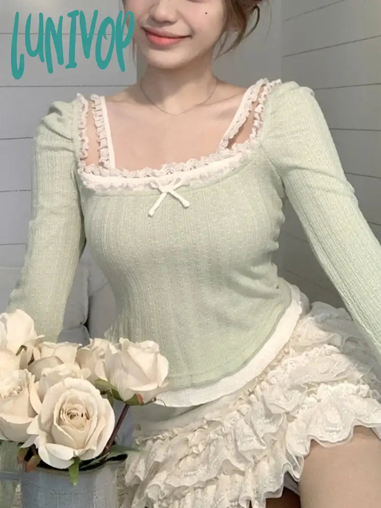 Lunivop Kawaii Sweet Knitted Two Piece Set Women Lace Retro Vintage Mini Skirt Femael Slim Bow