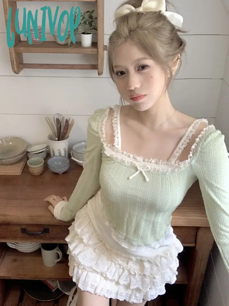 Lunivop Kawaii Sweet Knitted Two Piece Set Women Lace Retro Vintage Mini Skirt Femael Slim Bow