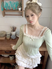 Lunivop Kawaii Sweet Knitted Two Piece Set Women Lace Retro Vintage Mini Skirt Femael Slim Bow