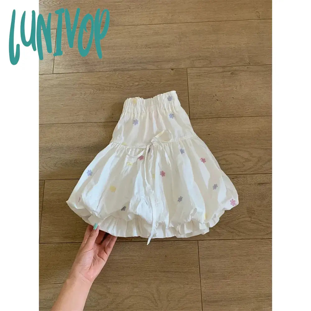 Lunivop Kawaii White Floral Mini Skirts Women Y2K Japanese Bow Ball Gown Skirt Summer Harajuku Cute