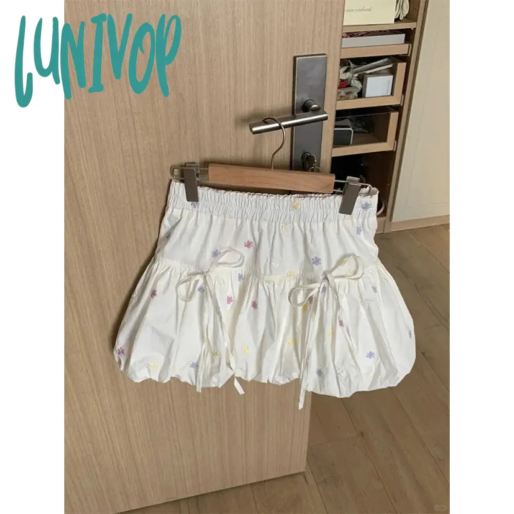Lunivop Kawaii White Floral Mini Skirts Women Y2K Japanese Bow Ball Gown Skirt Summer Harajuku Cute