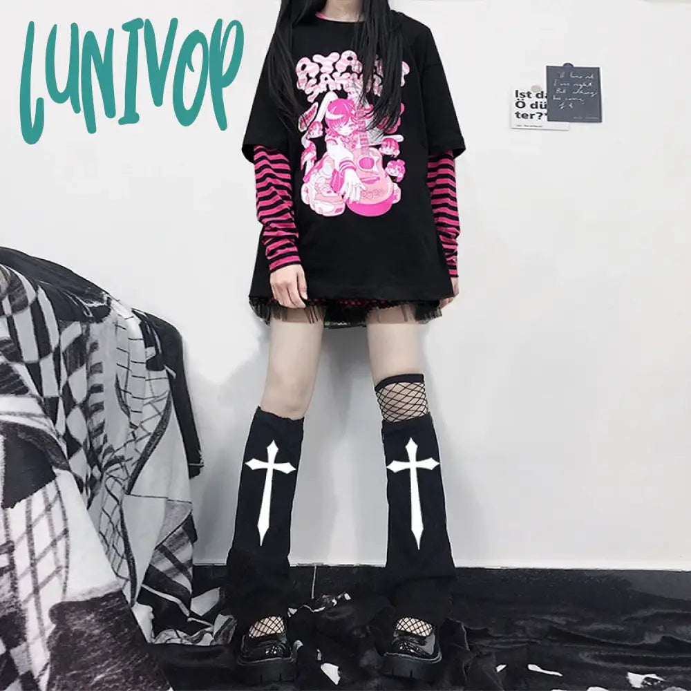 Lunivop Knit Socks Leg Warmer Japanese Jk Red Heart Cross Lolita Stockings Women Punk Harajuku Long
