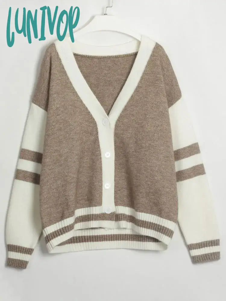 Lunivop Knit Striped Color Contrast Cardigans For Women Casual Single Breasted Long Sleeve