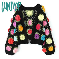 Lunivop Knitted Cardigan Women Autumn Hollow Out Splice Flower Short Sweater Vest Women’s Street