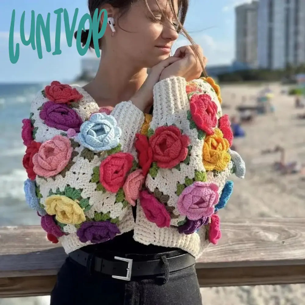 Lunivop Knitted Cardigan Women Autumn Hollow Out Splice Flower Short Sweater Vest Women’s Street