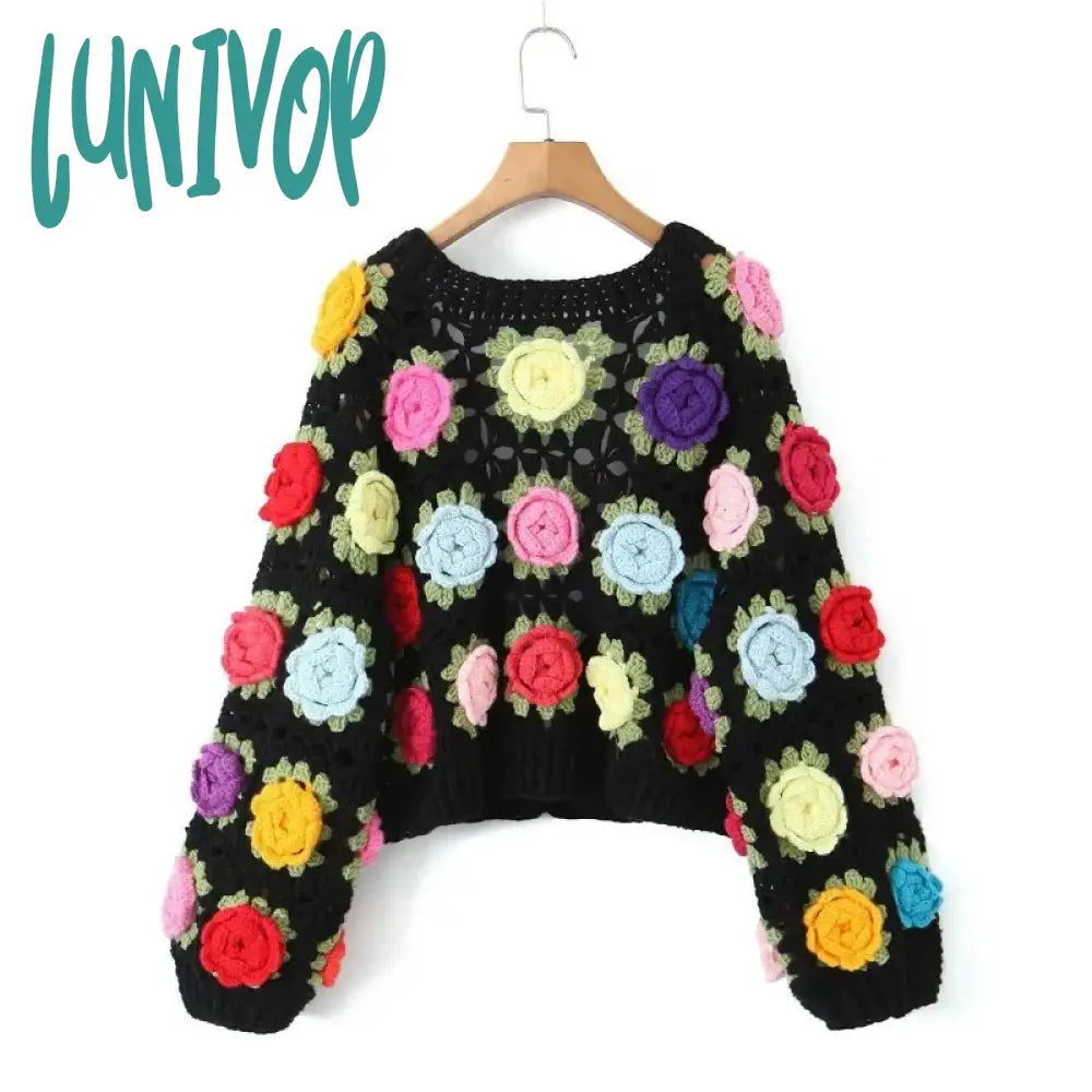 Lunivop Knitted Cardigan Women Autumn Hollow Out Splice Flower Short Sweater Vest Women’s Street