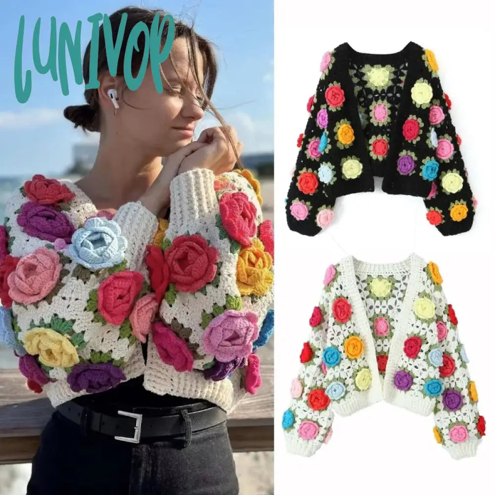 Lunivop Knitted Cardigan Women Autumn Hollow Out Splice Flower Short Sweater Vest Women’s Street