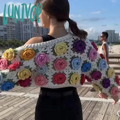 Lunivop Knitted Cardigan Women Autumn Hollow Out Splice Flower Short Sweater Vest Women’s Street