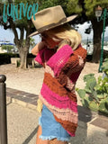 Lunivop Knitted Hollow Out Color Striped Sweater Short Sleeve Crochet Vintage Fashion Women’s