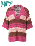 Lunivop Knitted Hollow Out Color Striped Sweater Short Sleeve Crochet Vintage Fashion Women’s