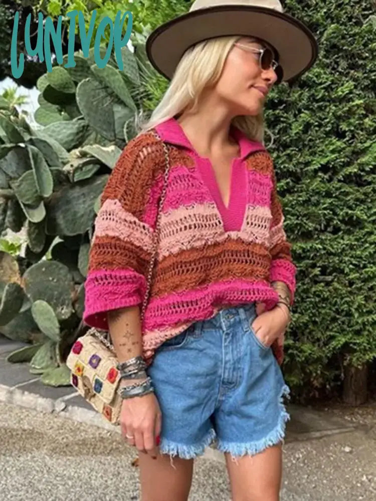 Lunivop Knitted Hollow Out Color Striped Sweater Short Sleeve Crochet Vintage Fashion Women’s