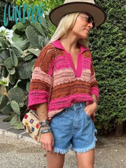 Lunivop Knitted Hollow Out Color Striped Sweater Short Sleeve Crochet Vintage Fashion Women’s