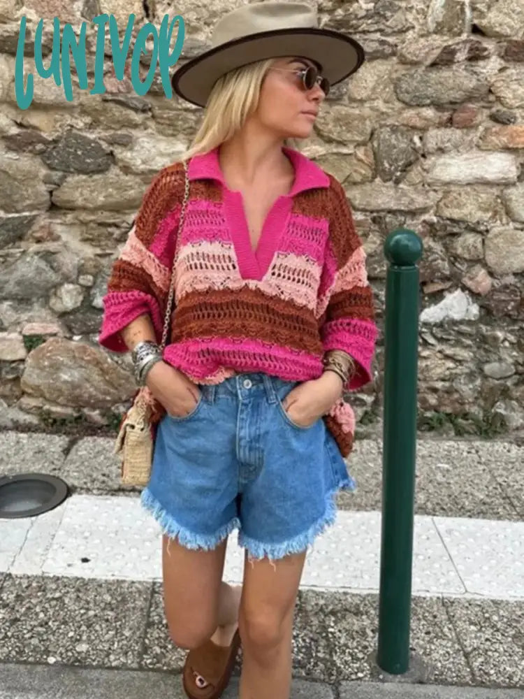 Lunivop Knitted Hollow Out Color Striped Sweater Short Sleeve Crochet Vintage Fashion Women’s