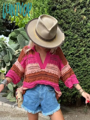 Lunivop Knitted Hollow Out Color Striped Sweater Short Sleeve Crochet Vintage Fashion Women’s