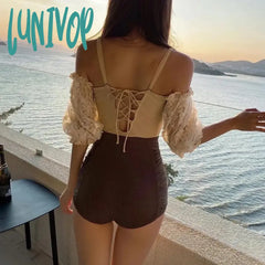 Lunivop Koean Fashion One Piece Swimsuit Women Sexy Off Shoulder Short Sleeve Bikini Lady Monokini