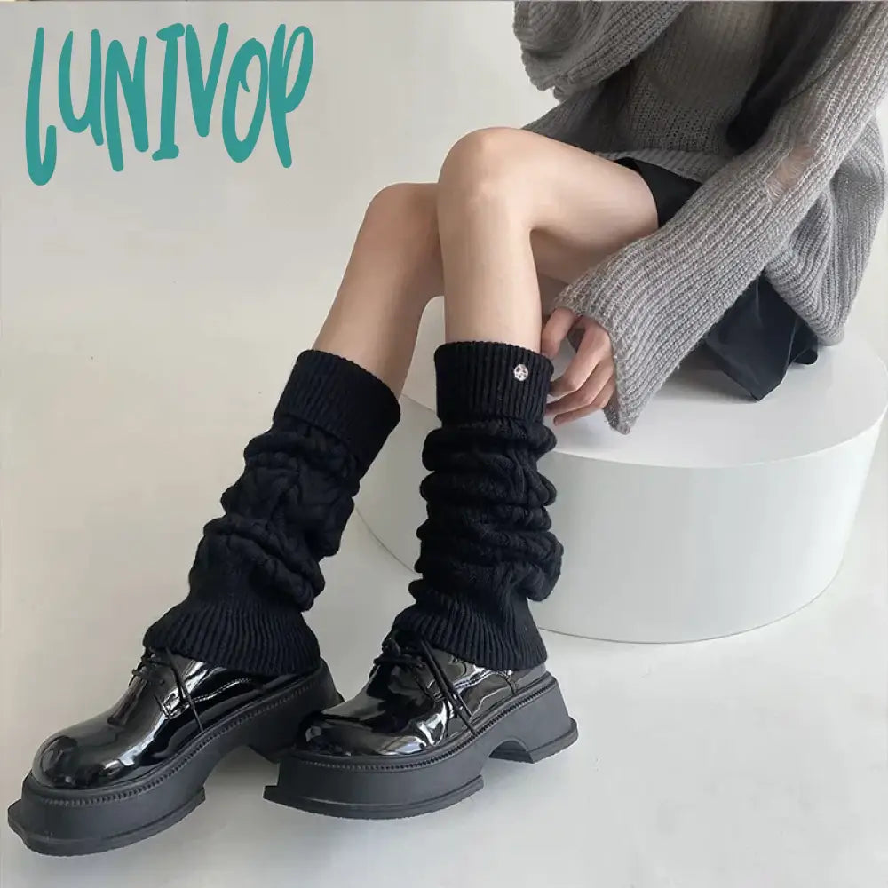 Lunivop Korea Wool Knitted Leg Warmers Metal Label Women Calf Socks Vintage Winter Y2K Japanese