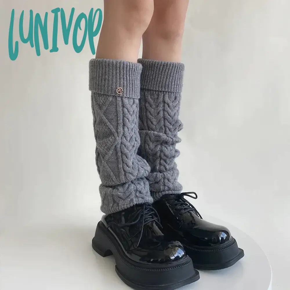 Lunivop Korea Wool Knitted Leg Warmers Metal Label Women Calf Socks Vintage Winter Y2K Japanese