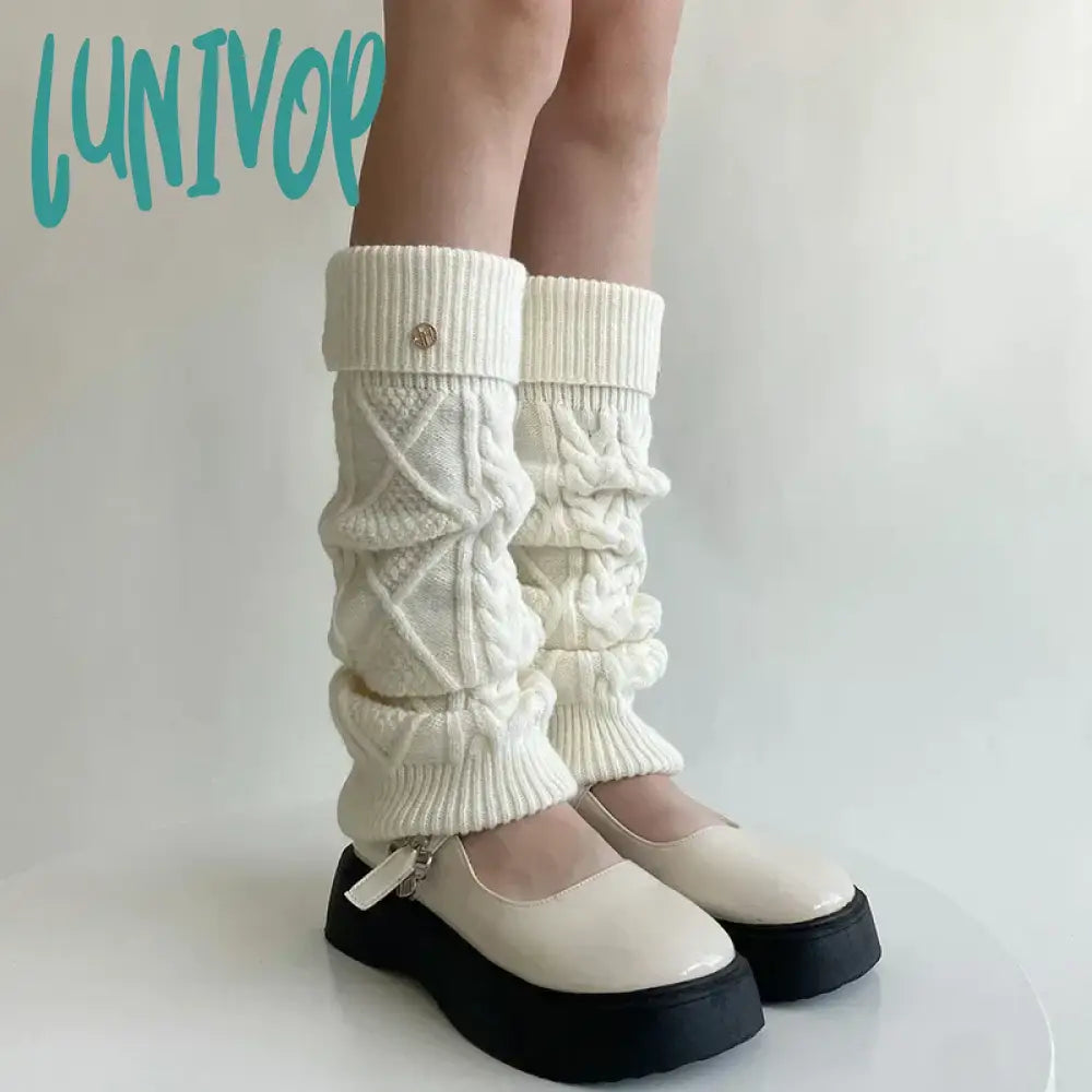 Lunivop Korea Wool Knitted Leg Warmers Metal Label Women Calf Socks Vintage Winter Y2K Japanese