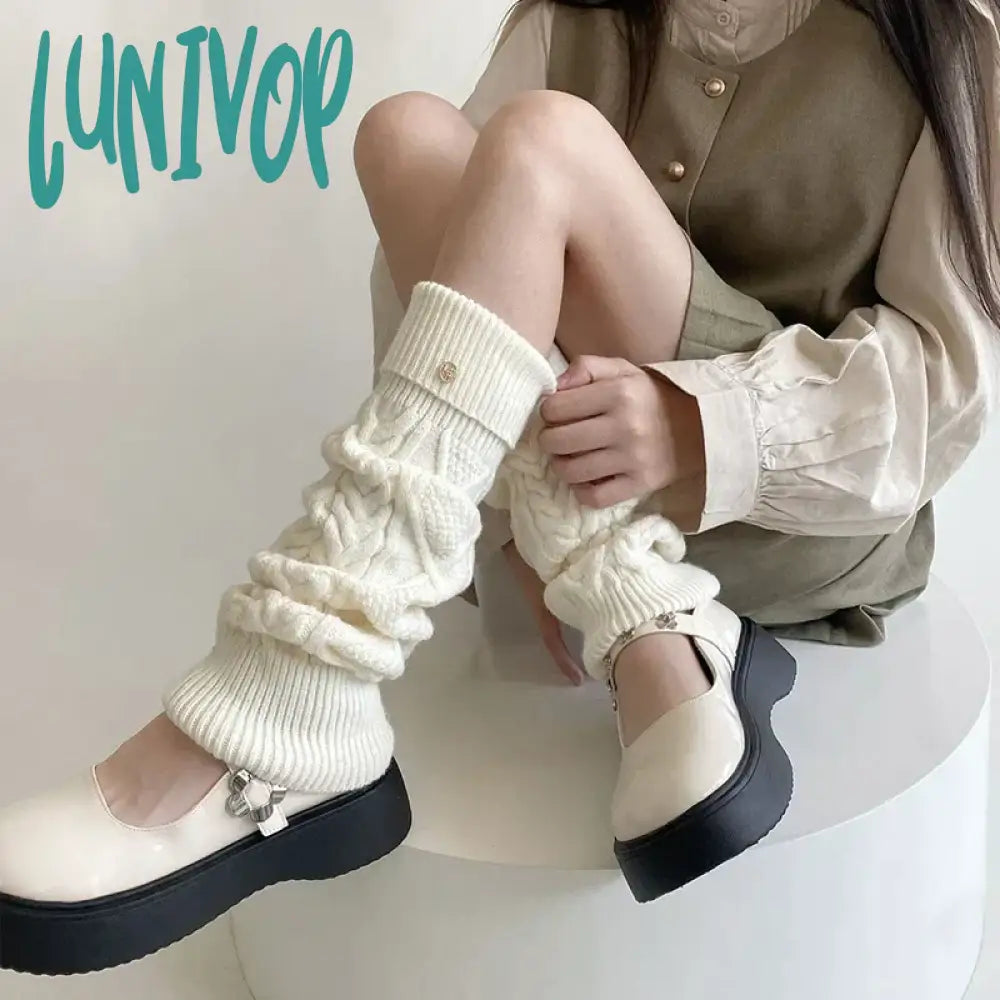 Lunivop Korea Wool Knitted Leg Warmers Metal Label Women Calf Socks Vintage Winter Y2K Japanese