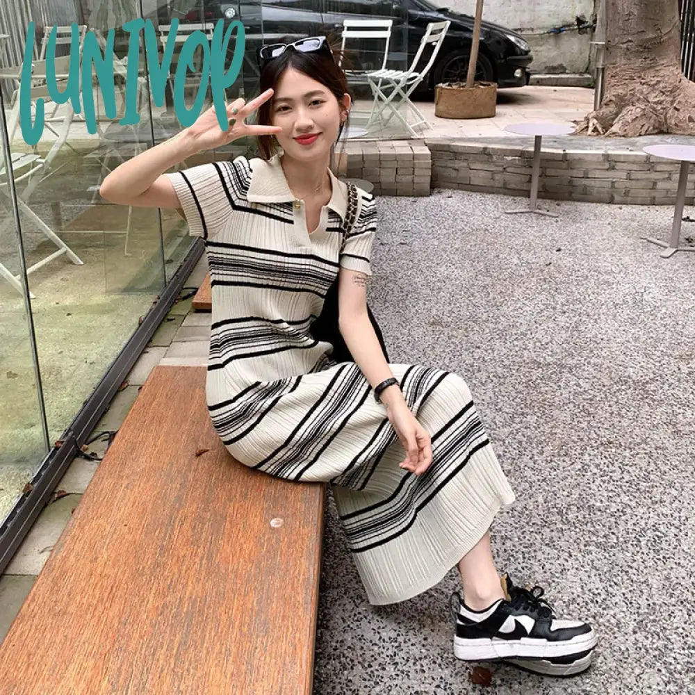 Lunivop Korean Casual Striped Knitted Dress Women Summer New Turn-Down Collar Design Short Sleeve