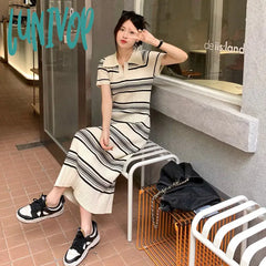 Lunivop Korean Casual Striped Knitted Dress Women Summer New Turn-Down Collar Design Short Sleeve