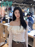Lunivop Korean Chic Streetwear Slash Neck Tshirts Long Sleeve Y2K Aesthetic Fashion Women T-Shirt
