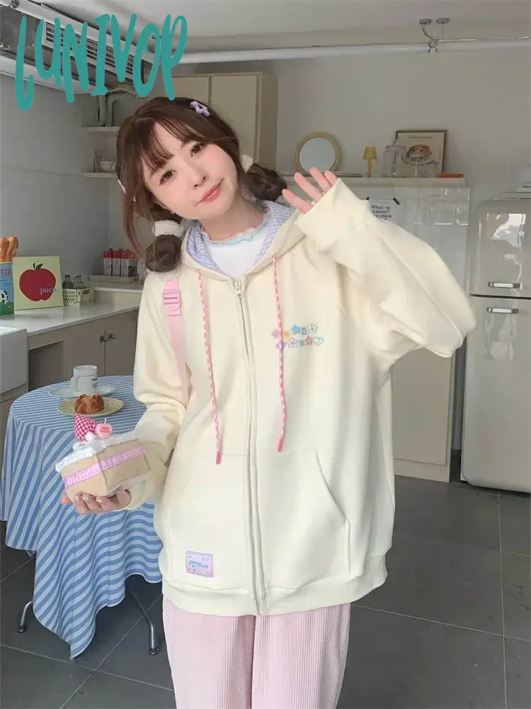 Lunivop Korean Cute Zip Up Hoodie Women Y2K Girly Kawaii Hooded Jacket Oversize Japanese Harajuku