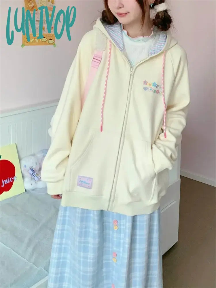 Lunivop Korean Cute Zip Up Hoodie Women Y2K Girly Kawaii Hooded Jacket Oversize Japanese Harajuku