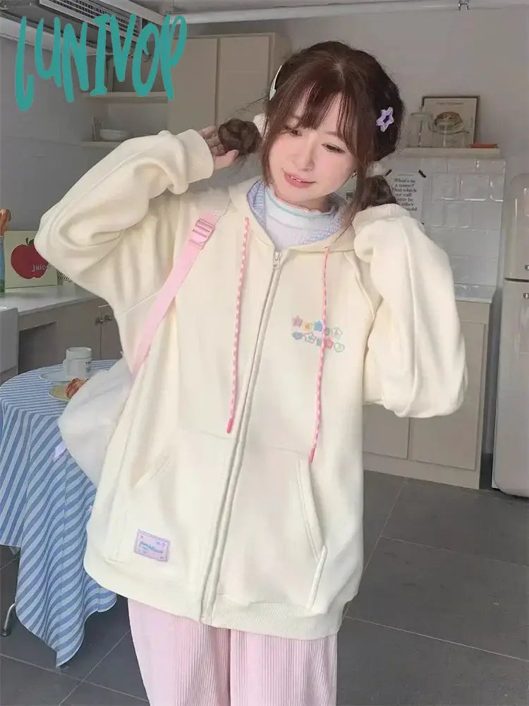 Lunivop Korean Cute Zip Up Hoodie Women Y2K Girly Kawaii Hooded Jacket Oversize Japanese Harajuku